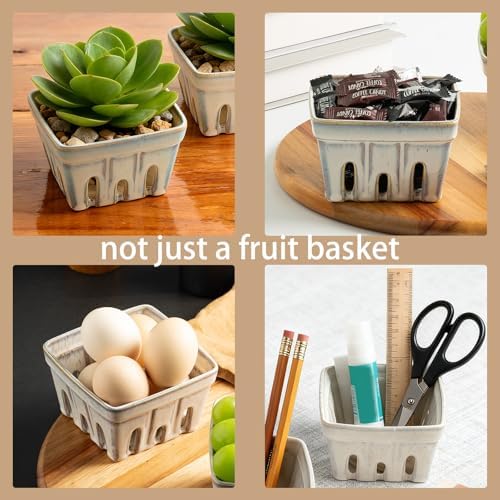 Ceramic Berry Basket, 4.2 in Square Set of 2 with Side Drain Holes