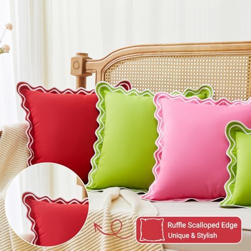 Red Scalloped Outdoor Throw Pillow Covers 18x18 Waterproof & Fade-Resistant