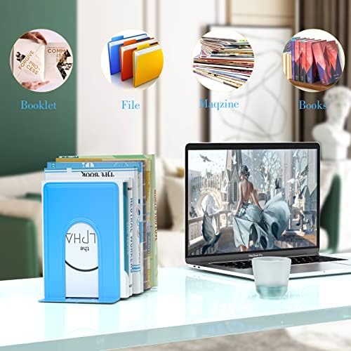 Optomni Bookends, Book End Supports Heavy Duty Metal Bookend Support, Book Ends Supports for Shelves Decor Home Office School (2 Pairs/4 Pieces, Blue)