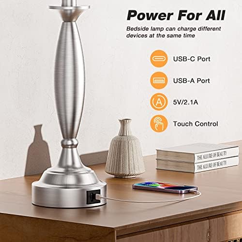 Bedroom Lamps for Nightstand, 3 Way Dimmable Silver Bedside Lamps with USB