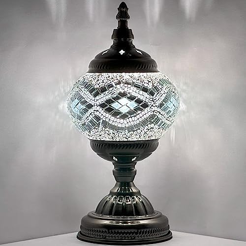 SILVERFEVER Handcrafted Mosaic Turkish Lamp Moroccan Glass Table Desk Bedside Light Bronze Base with E12 Bulb (Circkles)