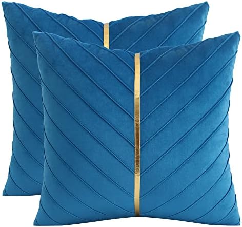 Velvet Throw Pillow Covers 18x18 Pack of 2 Gold Decor Lake Blue