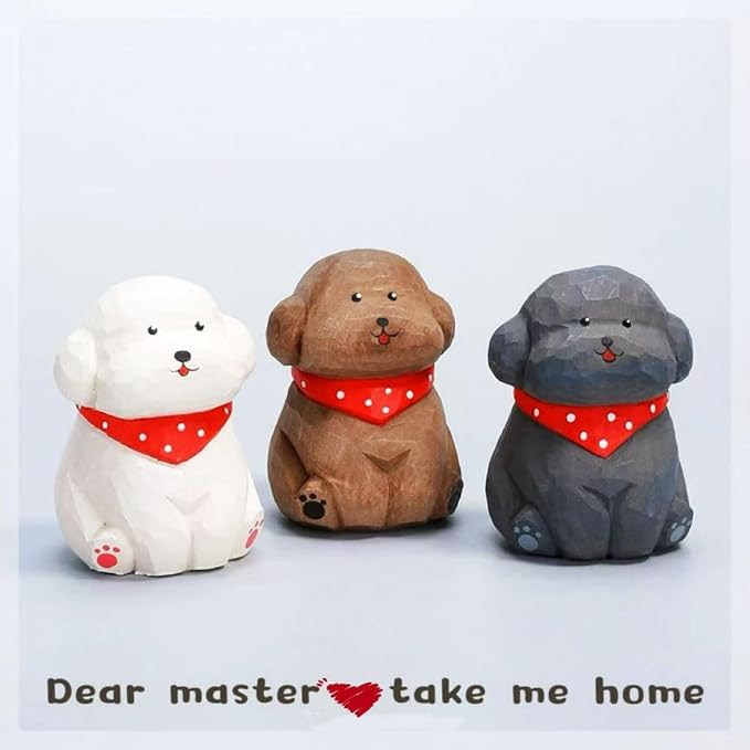 Hand-Carved Wooden Teddy Dog Figurine, 2.7" Brown Puppy Statue with Base for Car Dashboard, Desk & Home Decor, Gift for Dog Lovers