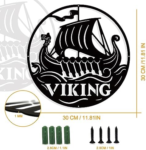 NBEADS Viking Boat Metal Wall Art Decor, Round Matte Black Wall Hanging Decor Silhouette Wall Art for Home Bedroom Living Room Bathroom Kitchen Office Hotel Wall Decoration, 11.8"(30cm)