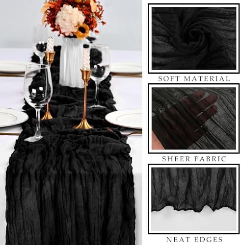 Black Cheesecloth Table Runner 10FT Gauze Fabric Boho Cheese Cloth Table Runner Decoration Rustic Semi Sheer Runner for Wedding Birthday Baby Bridal Shower Party Table (35 x 120 Inches Long)
