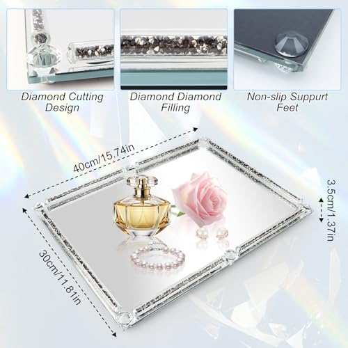 Large Mirror Perfume Tray for Dresser,Crushed Diamond Glass Tray