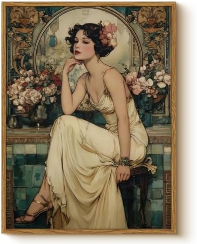 WHASAYART Vintage Woman Floral Wall Art Girly Framed Canvas Wall Art 12x16 | Retro 1920s Fancy Girl Wall Decor, Soft Pastel Tones Elegant Floral Background Artwork for Study Bathroom Living Room Bedroom