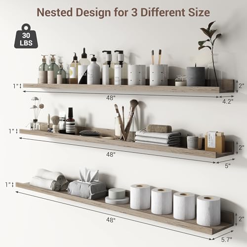 Axeman Picture Ledge Shelf, 48 Inch Grey Floating Shelves Set of 3