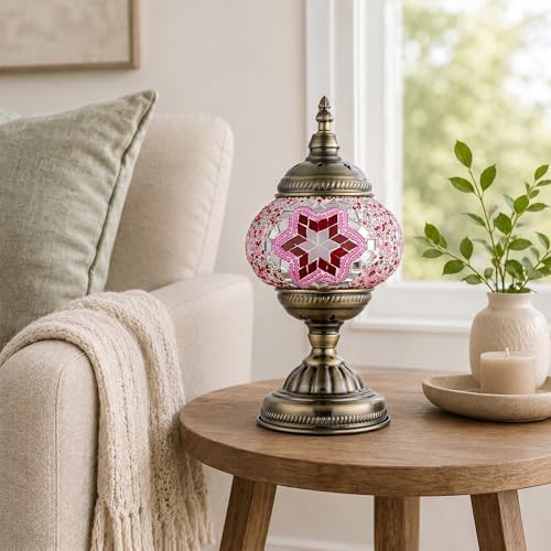 GOGERS Turkish Moroccan Table Lamp Lantern with Handmade Mosaic Glass Lampshade Tiffany Style Bohemian Stained Glass Decorative Desk Lamps Bedside Night Lights for Bedroom (Pink)