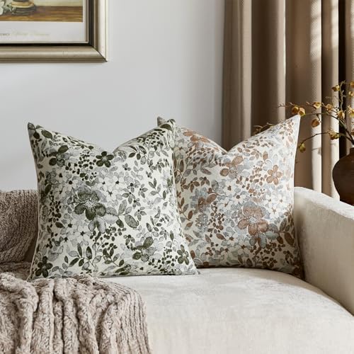 Vintage Floral Throw Pillow Covers 20x20 Pack of 2 Country Farmhouse Accents Chenille Jacquad Decorative Square Pillow Cases for Living Room Couch Bed Home Decor, Camel Khaki Tan