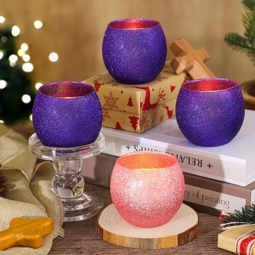 Mumufy 4 Set Christmas Advent Candle Holders Glass Glitter Tealight