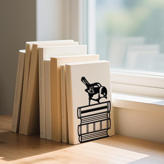WADORN 1 Pair Sparrow Birds Books Metal Decorative Bookend for Shelves, Heavy Duty Book Ends Non-Skid Books Holder Stand Black Book Support Stoppers for Desk Bookshelf Office Home, 5.3x4.3x7.9 Inch