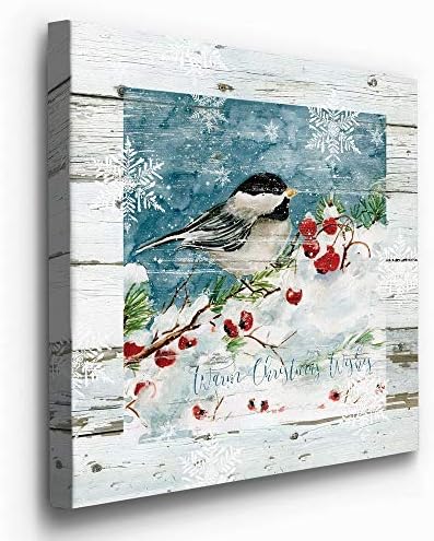 Renditions Gallery Christmas Abstract Wall Art Chickadee Bird Sitting in a White Snowed Cherry Tree Canvas Hanging Artwork Prints for Bedroom Office Home Kitchen - 32"X32" LT05
