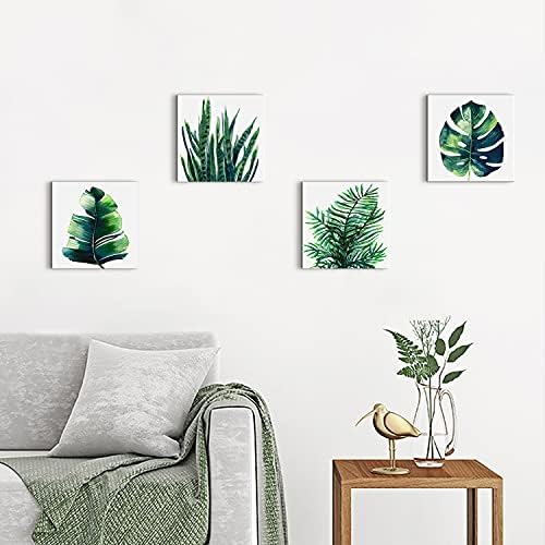 Nature Wall Art Green Plant Wall Decor Tropical Botanical Leaves Pictures Canvas Prints Bedroom Minimalist Boho Sage Monstera Leaf Painting Artwork for Bathroom Living Room Home Decorations 8x8” 4 Pcs