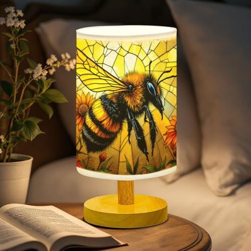 Bee Table Lamp LED 3-Color Pressed Bedside, Bee Shade Lamp with Wood Base for Bedroom Living Room Desk Office TL01