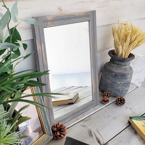 AAZZKANG Wood Framed Mirror Rectangular Rustic Wall Mirrors Decorative Small for Farmhouse Bathroom Living Room Bedroom Grey