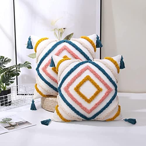 JASEN Throw Pillow Covers 20x20, Boho Pillow Cover with Tassels Woven Tufted Decorative Pillow Cover for Couch Sofa Bedroom Living Room (Blue, 20"x20")