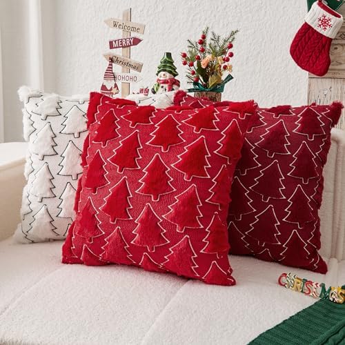 Kevin Textile Christmas Pillow Covers 18x18 Inch Set of 2 Interesting Christmas Tree Embroidery Soft Plush Faux Fur Decoration Pillowcases for Couch Sofa Holiday Festivals Winter Xmas Gift, Green