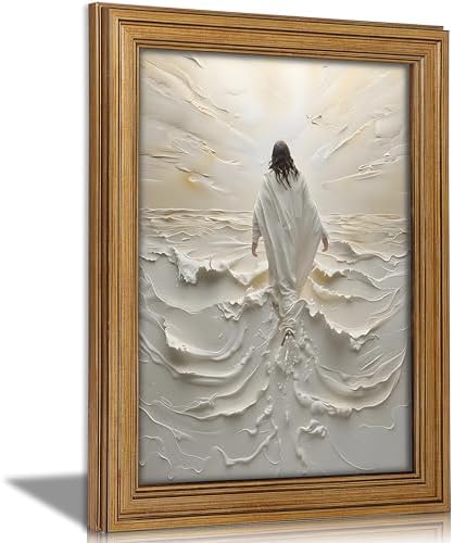Vintage Gold Framed Jesus Wall Art Abstract Jesus Walking on Water Canvas Prints Christian Spiritual Picture Divine Light Religious Beliefs Painting Poster Artwork for Living Room Bedroom Church