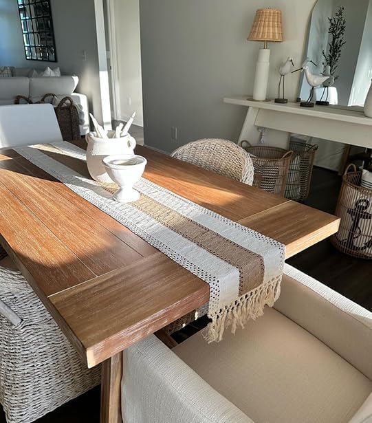 FEXIA Boho Table Runner for Fall Home Decor 12x90 Rustic with Tassels | 90 Inches Long Farmhouse Kitchen Dining Room Macrame Burlap Coffee Table Decoration Dresser Runner Pottery Barn Furniture