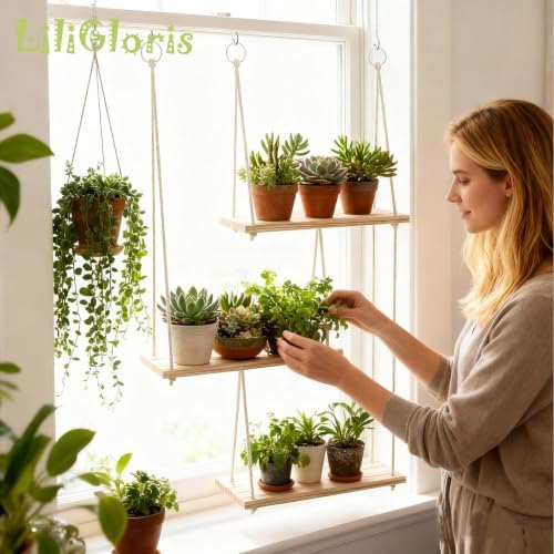 3-Tier Boho Hanging Shelves for Wall - Rustic Floating Wood Shelves with Rope, Macrame Plant Shelf Organizer for Home Decor - Farmhouse, Bohemian Style for Bedroom