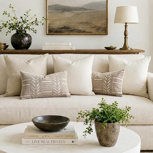 BlissBlush Decorative Lumbar Pillow Covers 12x20 Set of 2, Taupe Soft Woven Chenille Accent Pillow Covers for Couch Sofa Bed, Textured Farmhouse Cushion Covers