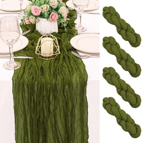 2 Pack 120 Inch Olive Green Cheesecloth Table Runner Boho Rustic Gauze Sheer Romantic 10 FT Long Cheese Cloth Table Runner for Bridal Baby Shower Wedding Party Birthday Holiday Home Easter Decor