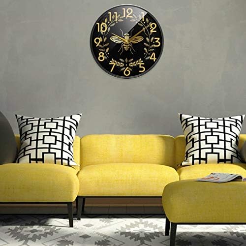 Naanle Golden Bee Insect Pattern Round Wall Clock, 12 Inch Silent Battery Operated Quartz Analog Quiet Desk Clock for Home,Office,School
