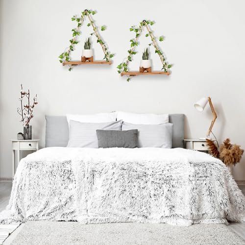 Hanging Shelves Set of 2- Macrame Shelf with Artificial Ivy Vines LED Light Warm White - Boho Shelves for Bedroom Bathroom Living Room - Rope Hanging Plant Shelf Wall Decor