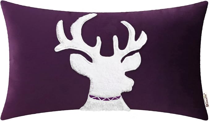 BRAWARM Christmas Pillow Cover 12 X 20 Inches, Purple Reindeer Embroidered Lumbar Pillow Cover, Soft Velvet Decorative Throw Pillow for Couch Bed Sofa Living Room Home