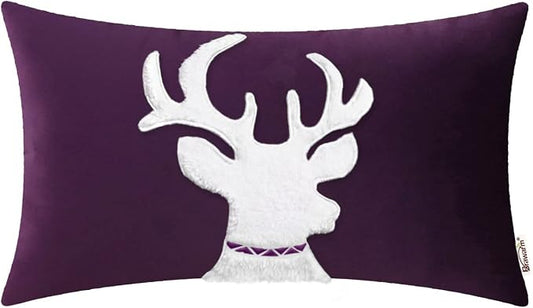 BRAWARM Christmas Pillow Cover 12 X 20 Inches, Purple Reindeer Embroidered Lumbar Pillow Cover, Soft Velvet Decorative Throw Pillow for Couch Bed Sofa Living Room Home