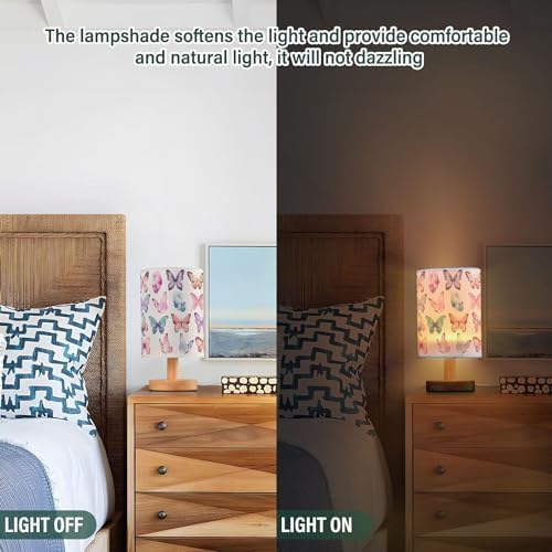 Table Lamp Colorful Butterflies Pink Blue Butterfly Nightstand Lamp with Wood Base Fabric Lamp Shade Bedside Desk Lamp for Living Room Bedroom Kids Room Office