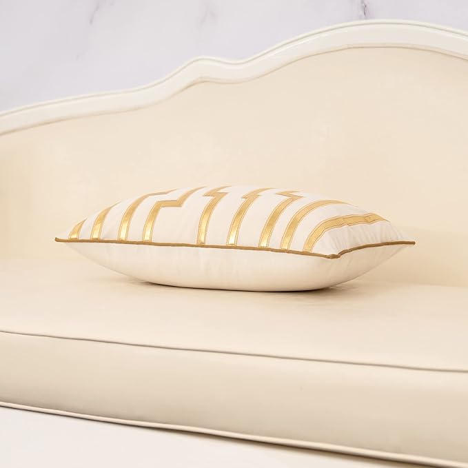 Alerfa Geometric Gold Leather Striped Throw Pillow Cover 12x20 Inch, Luxury Velvet Embroidered Decorative Lumbar Pillow Cover for Couch Living Room Bedroom, White