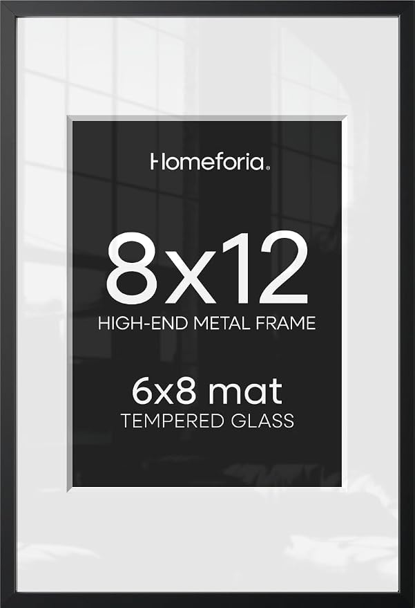 Homeforia 8x12 Black Picture Frame, High-End Metal, 6x8 Mat, Glass