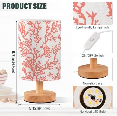 Table Lamp Red Coral Pattern Tropical Ocean Plant Design Nightstand Lamp with Wood Base Fabric Lamp Shade Bedside Desk Lamp for Living Room Bedroom Kids Room Office