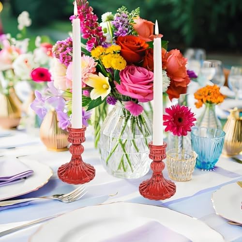 Red Glass Candlestick Holders, Taper Candle Holders, Set of 6