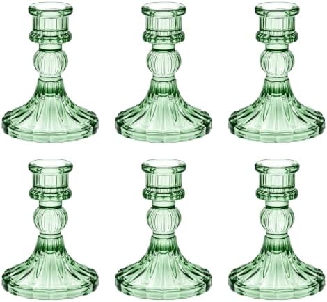 Green Glass Candlestick Holders, Taper Candle Holders, Set of 6