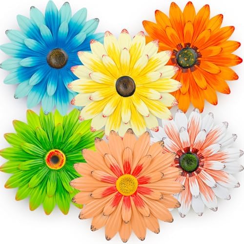 Zhehao 6 Pcs Metal Flower Wall Art Decor 10 Inch Sunflower Wall Decorations Hanging Outdoor Art Multicolored Handmade Metal Flowers Outdoor Decor(Elegant Color)