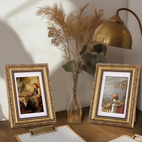 eletecpro 4x6 Vintage Picture Frame, Glass Cover, Bronze Gold, 2-Pack