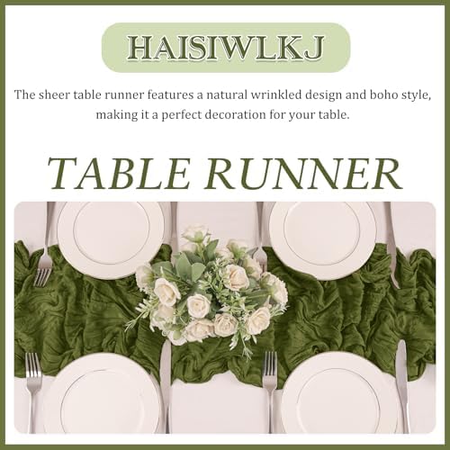 2 Pack 120 Inch Olive Green Cheesecloth Table Runner Boho Rustic Gauze Sheer Romantic 10 FT Long Cheese Cloth Table Runner for Bridal Baby Shower Wedding Party Birthday Holiday Home Easter Decor