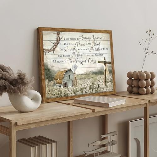 Cross Christian Wall Art Barn Windmill Country Pictures Framed 12x16 Inch | Bible Verses Paintings, Vintage Hymn Canvas Prints, Religious Artwork for Prayer Room Office Church Decor