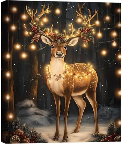 FLZYKGPA Christmas Reindeer Wall Art Framed 16x24, Cottage Winter Forest Wildlife Deer Picture Wall Decor, Rustic Xmas Cozy Winter Hanging Canvas Prints for Home Bedroom Living Room Decoration