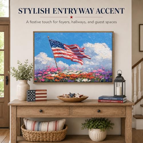 American Flag Framed Canvas Wall Art, 4th of July Patriotic Canvas Prints | Wildflower Landscape Poster Print, Vintage Rustic Independence Day Wall Decor for Bedroom Living Room Office 16×20in