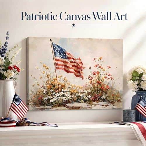 4th of July American Flag Wildflower Canvas Wall Art 8x12in, Framed Patriotic Prints Pictures for Bedroom, Vintage Farmhouse Wall Decor Artwork for Living Room Office Home, Made in USA