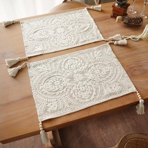 Embroidered Placemats Farmhouse Lace Doily, Beige 14"x18" 2PCs