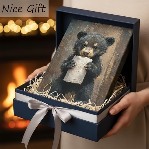 Funny Bathroom Bear Canvas Wall Art, Black Bear with Paper Poster Print Artwork, Humor Animal Painting Picture Wall Decor, for Kids Restroom, Cabin, Bathroom, Home Decoration, 12x16In