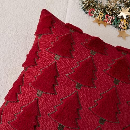 Kevin Textile Christmas Tree Pillow Covers 18x18 Inch Set of 2 Luxury Embroidery Soft Plush Faux Fur Decoration Pillowcases for Couch Sofa Festivals Winter Xmas Gift, Burgundy & Green