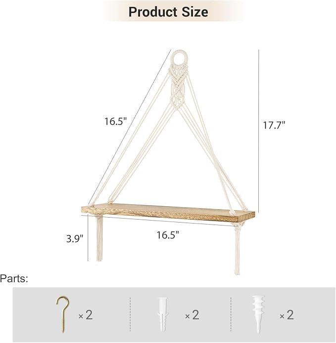 Mkono Macrame Hanging Shelves Boho Wall Decor Set of 2 Floating Wood Shelf
