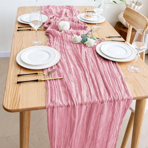 Wokceer Cheesecloth Table Runner 10FT Boho Gauze Runner, Pink, 12 Pack