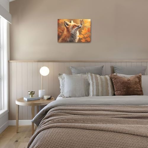 Fall Fox Decor Wall Art Autumn Pictures Maple Leaf Canvas Prints Painting Cute Fox Artwork Home Decoration for Bathroom Bedroom Living Room Framed Gifts 16"x24"